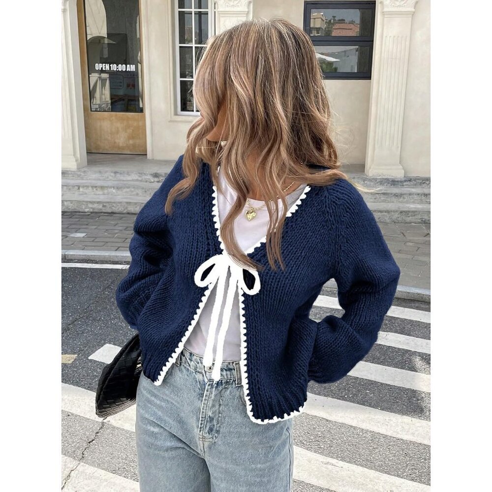 Women's Long Sleeve Knit Cardigan V Neck Tie Front Puff Fall Winter Casual - Picture 2 of 7